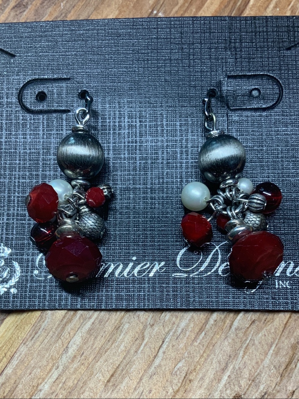 Premier Designs Red and Silver Cluster Beaded Silver Tone Drop Earrings